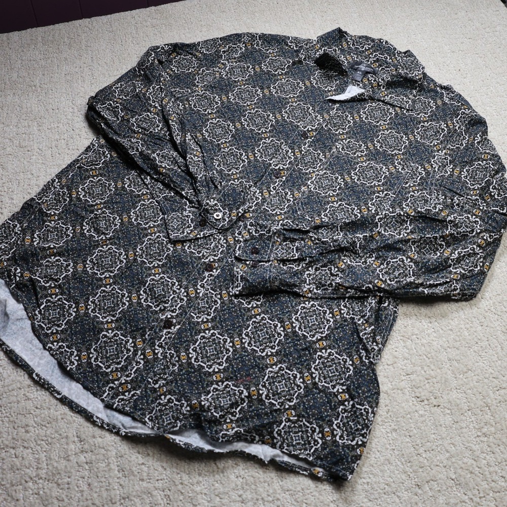 Houston White Medallion Print Rayon Button Down Shirt Navy Blue XL